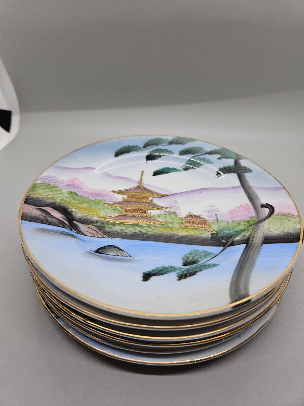 Vintage Japanese Porcelain Plates Hand Painted Pagoda Mt Fuji Handgemalt Set 6